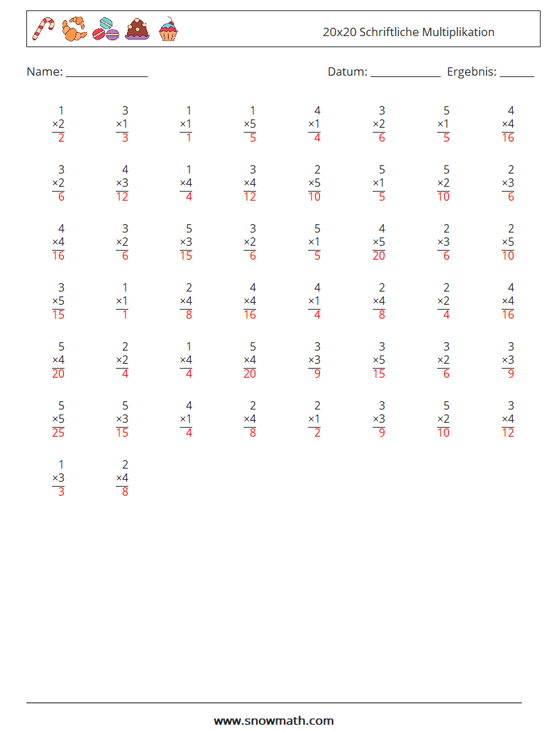 (50) 20x20 Schriftliche Multiplikation Mathe-Arbeitsblätter 2 Frage, Antwort