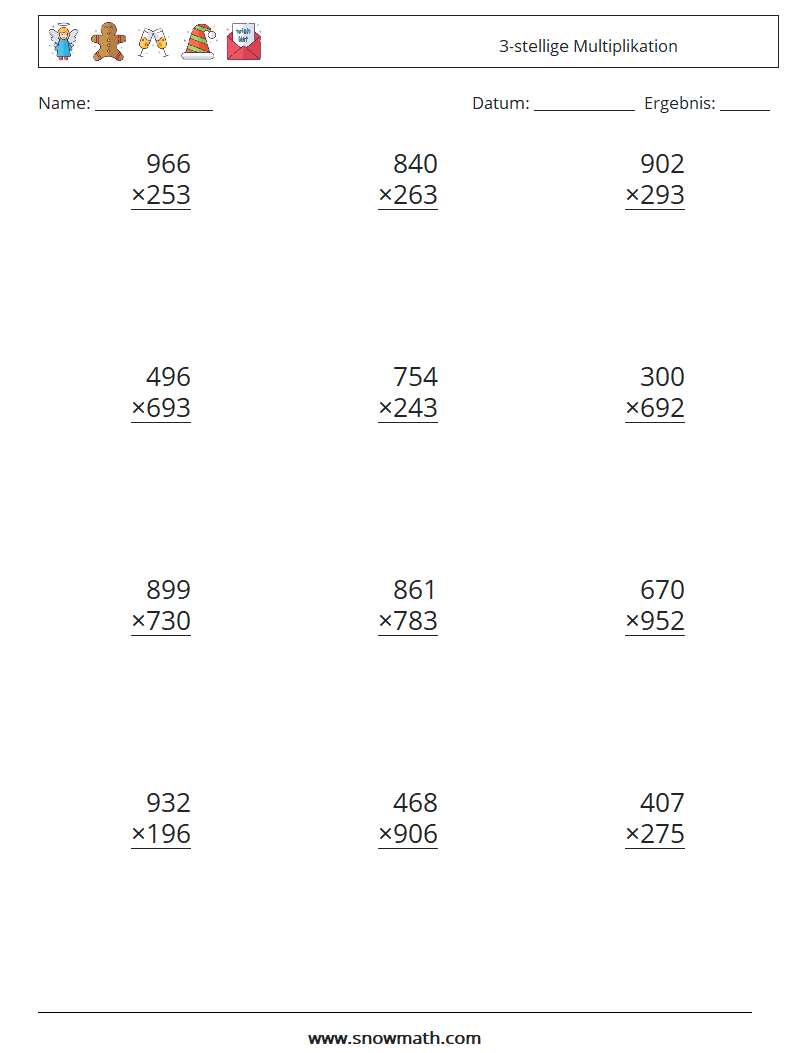 (12) 3-stellige Multiplikation Mathe-Arbeitsblätter 10