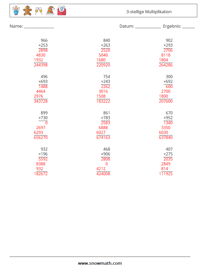 (12) 3-stellige Multiplikation Mathe-Arbeitsblätter 10 Frage, Antwort