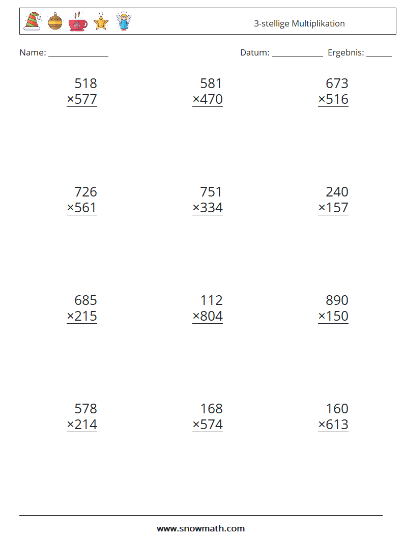 (12) 3-stellige Multiplikation Mathe-Arbeitsblätter 11