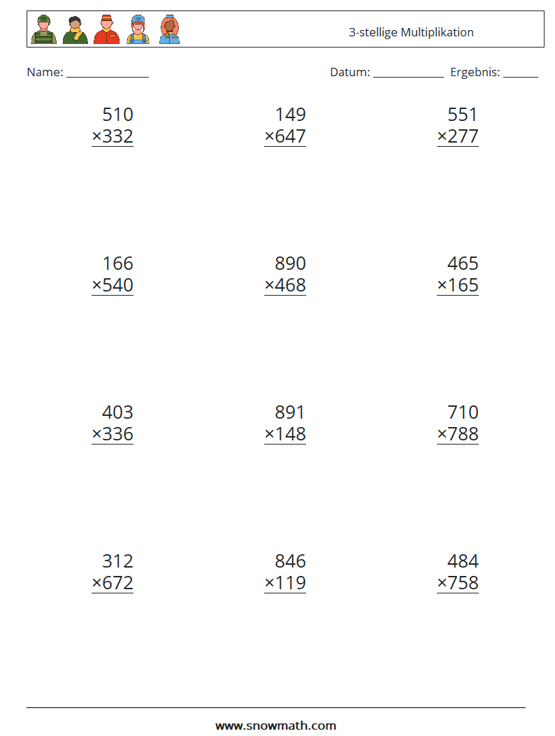 (12) 3-stellige Multiplikation Mathe-Arbeitsblätter 12