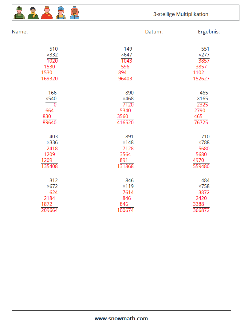 (12) 3-stellige Multiplikation Mathe-Arbeitsblätter 12 Frage, Antwort