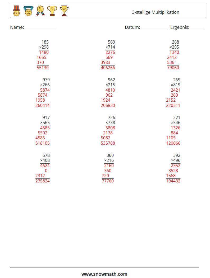 (12) 3-stellige Multiplikation Mathe-Arbeitsblätter 13 Frage, Antwort
