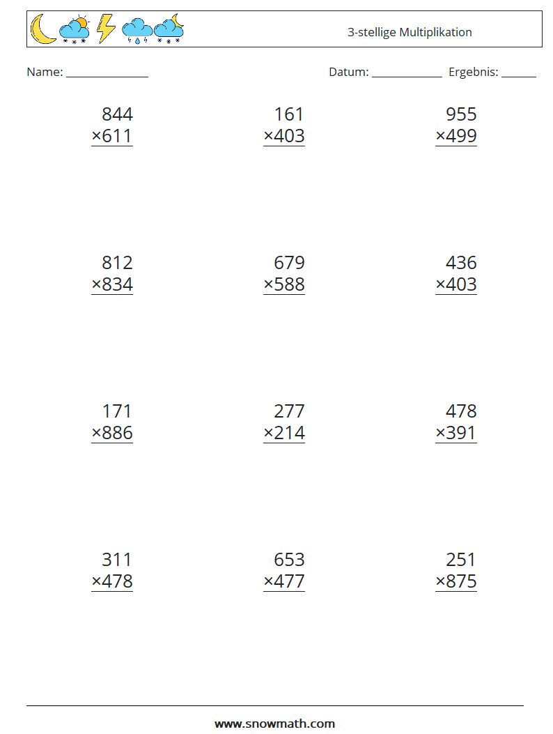 (12) 3-stellige Multiplikation Mathe-Arbeitsblätter 14