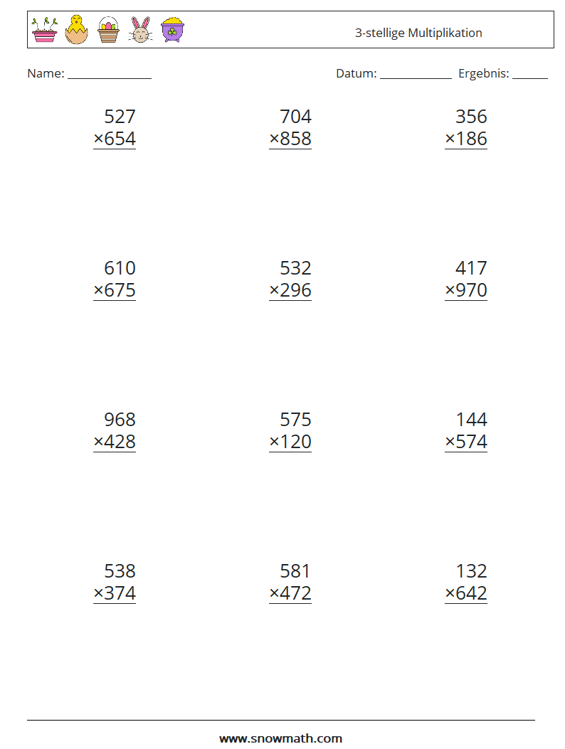(12) 3-stellige Multiplikation Mathe-Arbeitsblätter 15