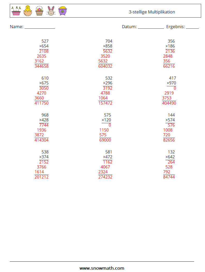 (12) 3-stellige Multiplikation Mathe-Arbeitsblätter 15 Frage, Antwort