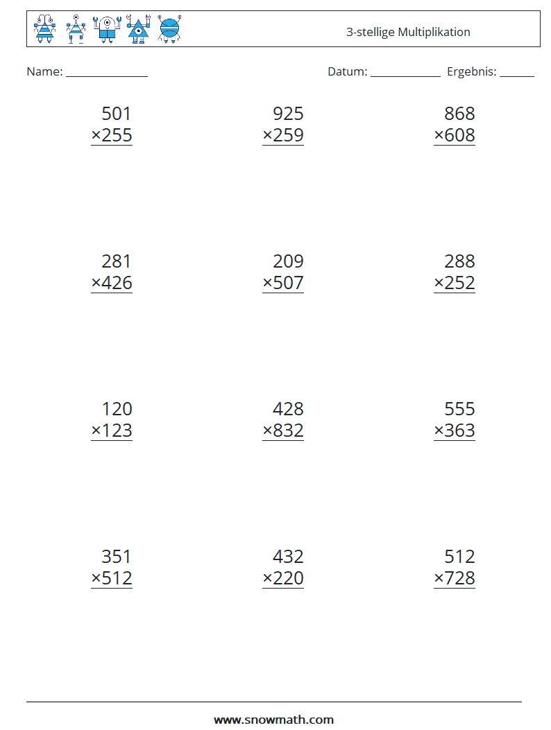(12) 3-stellige Multiplikation Mathe-Arbeitsblätter 16