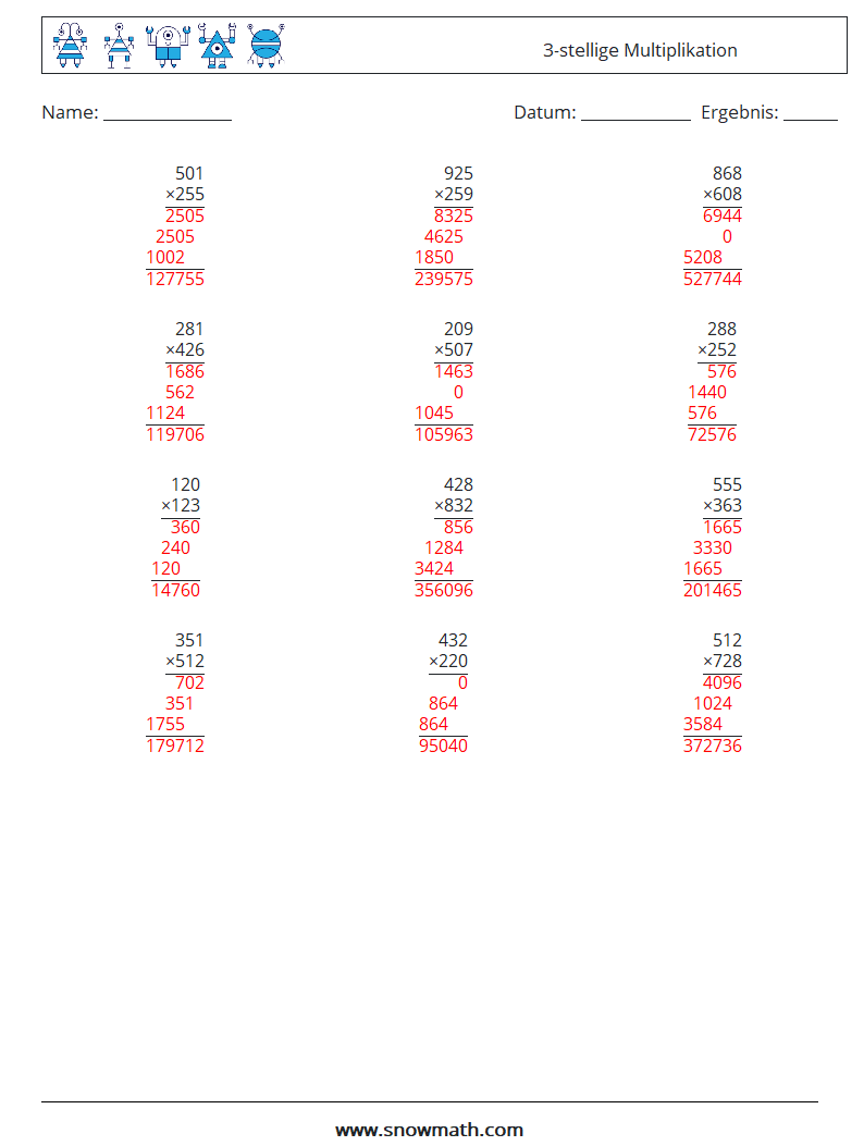 (12) 3-stellige Multiplikation Mathe-Arbeitsblätter 16 Frage, Antwort