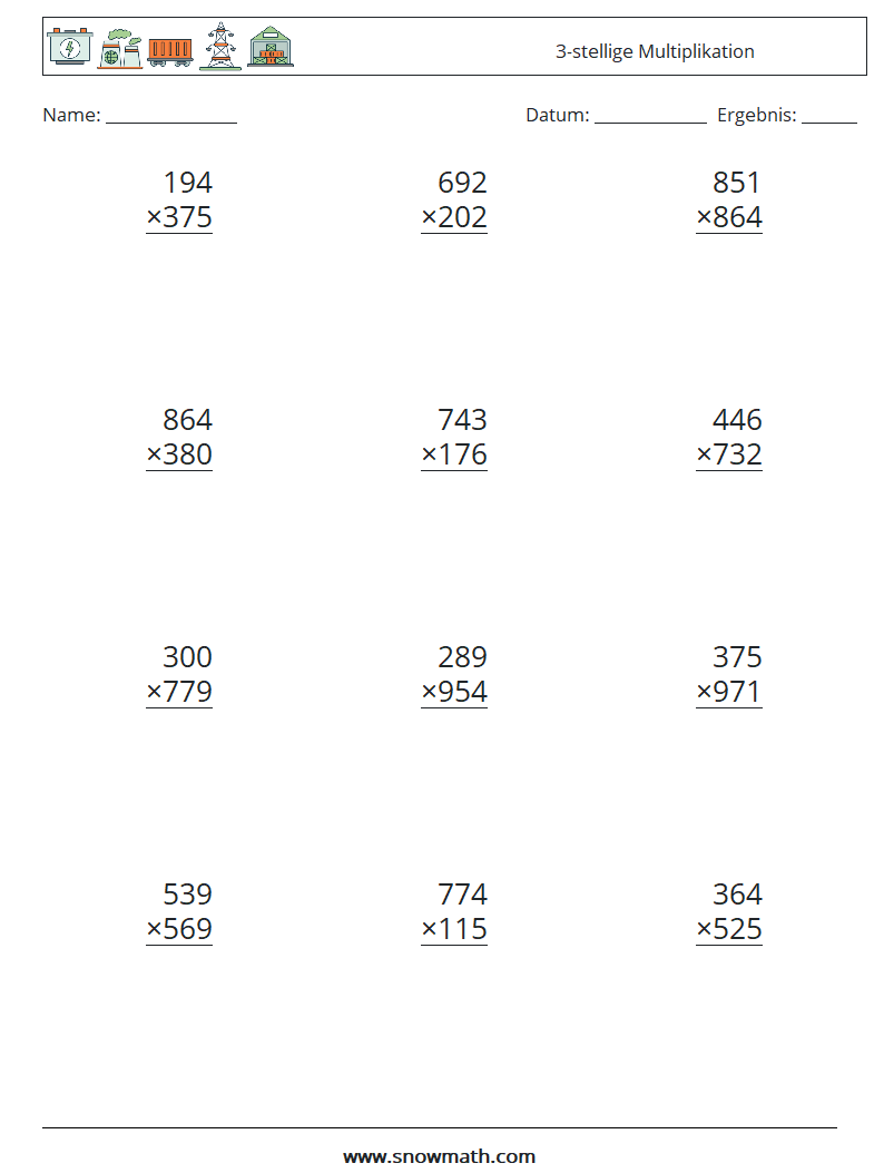 (12) 3-stellige Multiplikation Mathe-Arbeitsblätter 17