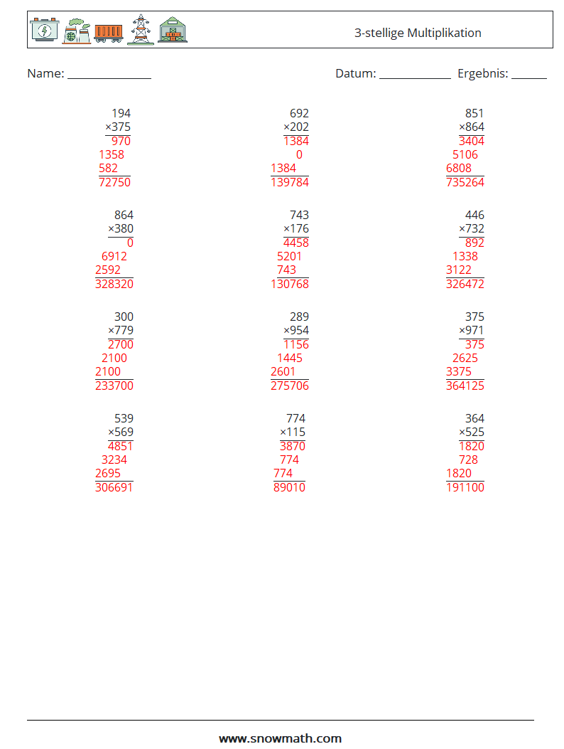 (12) 3-stellige Multiplikation Mathe-Arbeitsblätter 17 Frage, Antwort
