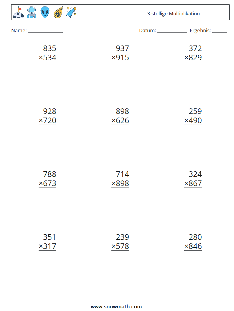 (12) 3-stellige Multiplikation Mathe-Arbeitsblätter 18