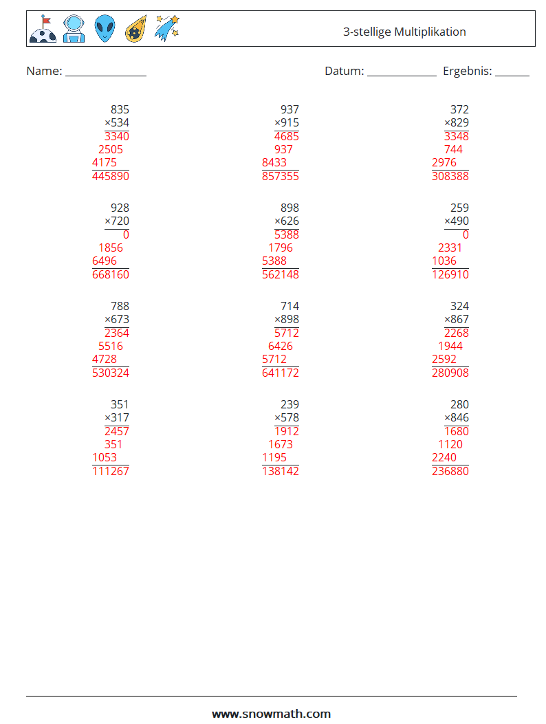 (12) 3-stellige Multiplikation Mathe-Arbeitsblätter 18 Frage, Antwort