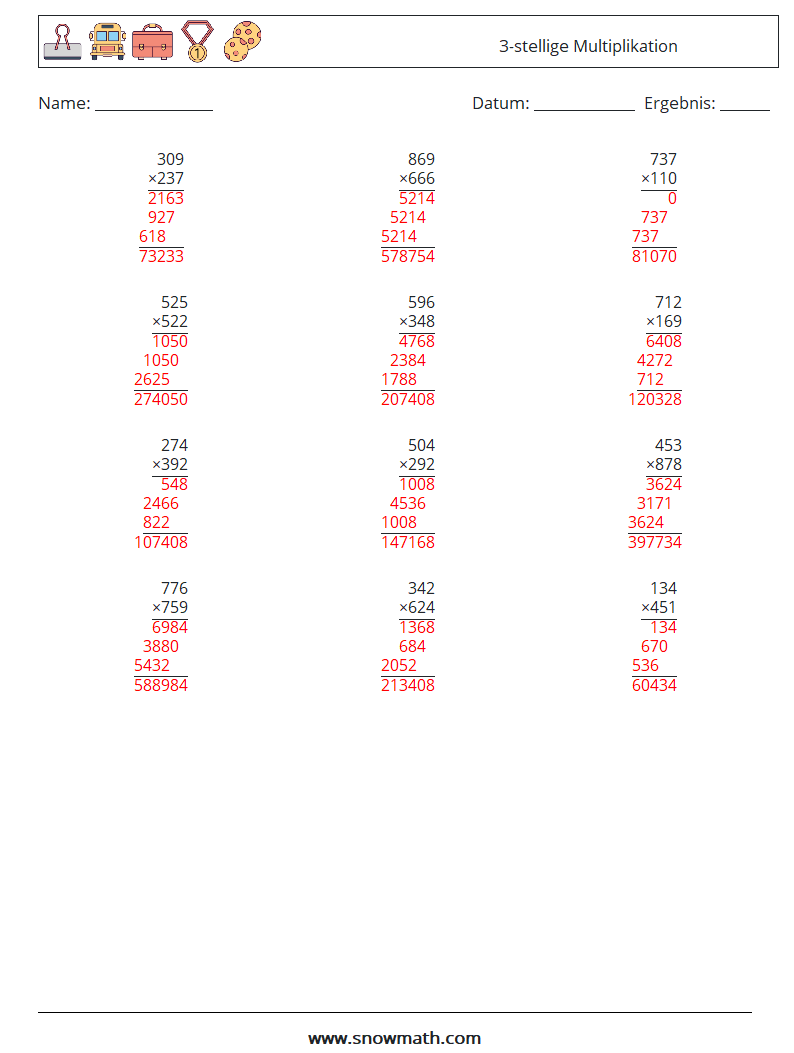 (12) 3-stellige Multiplikation Mathe-Arbeitsblätter 1 Frage, Antwort