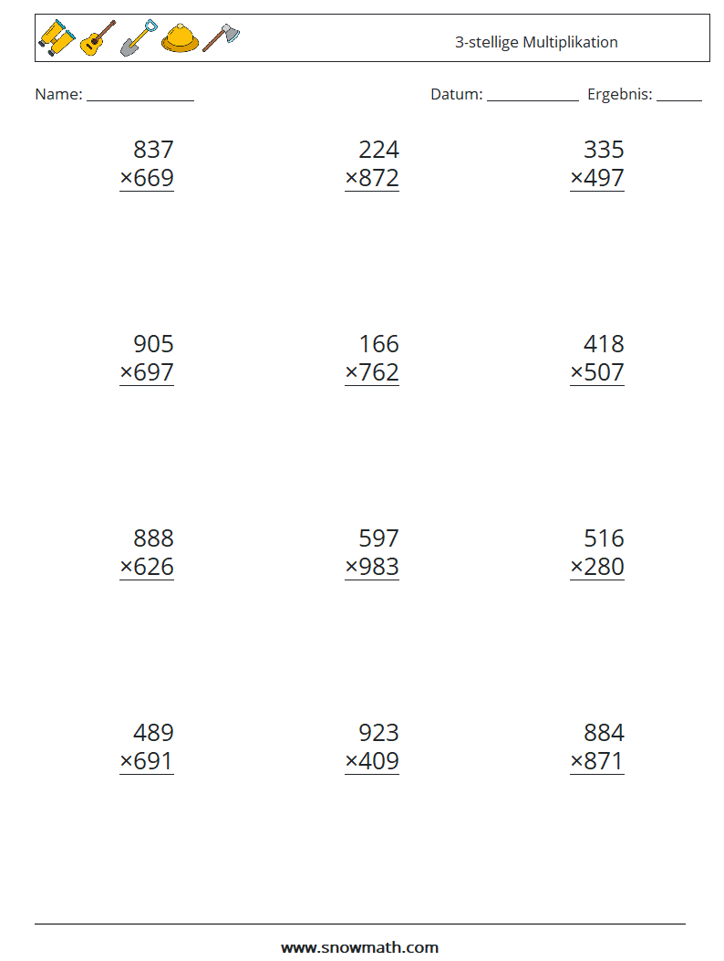 (12) 3-stellige Multiplikation Mathe-Arbeitsblätter 2
