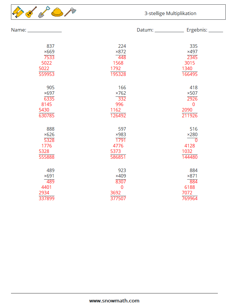 (12) 3-stellige Multiplikation Mathe-Arbeitsblätter 2 Frage, Antwort