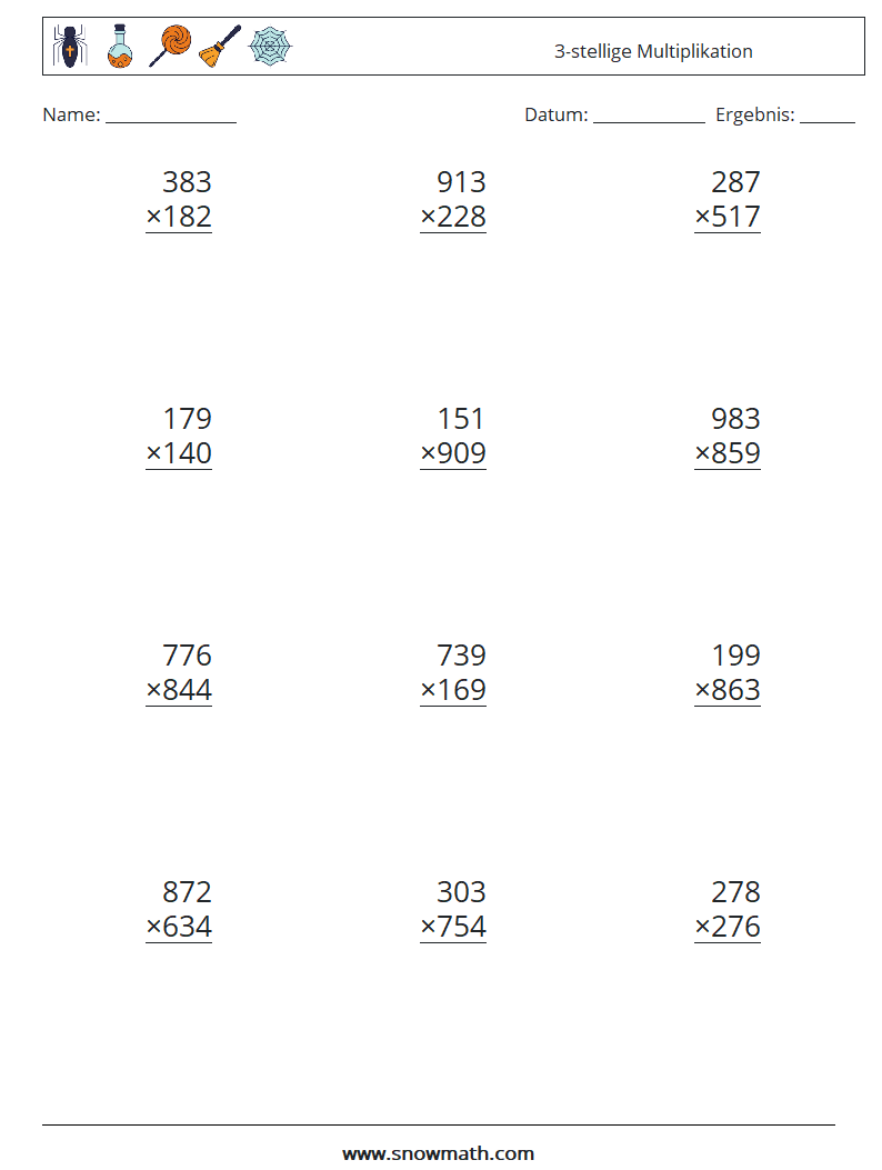 (12) 3-stellige Multiplikation Mathe-Arbeitsblätter 3