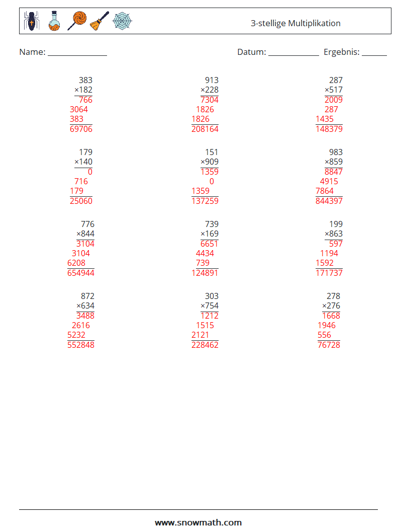 (12) 3-stellige Multiplikation Mathe-Arbeitsblätter 3 Frage, Antwort