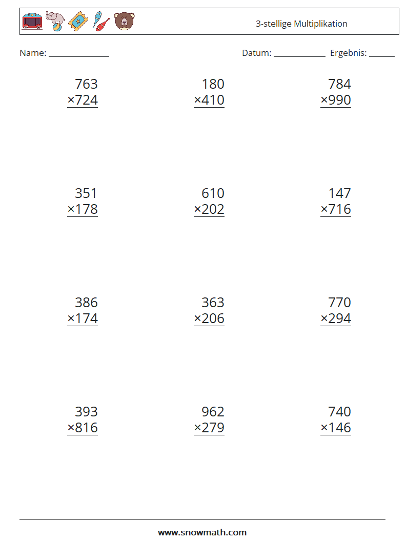 (12) 3-stellige Multiplikation Mathe-Arbeitsblätter 4