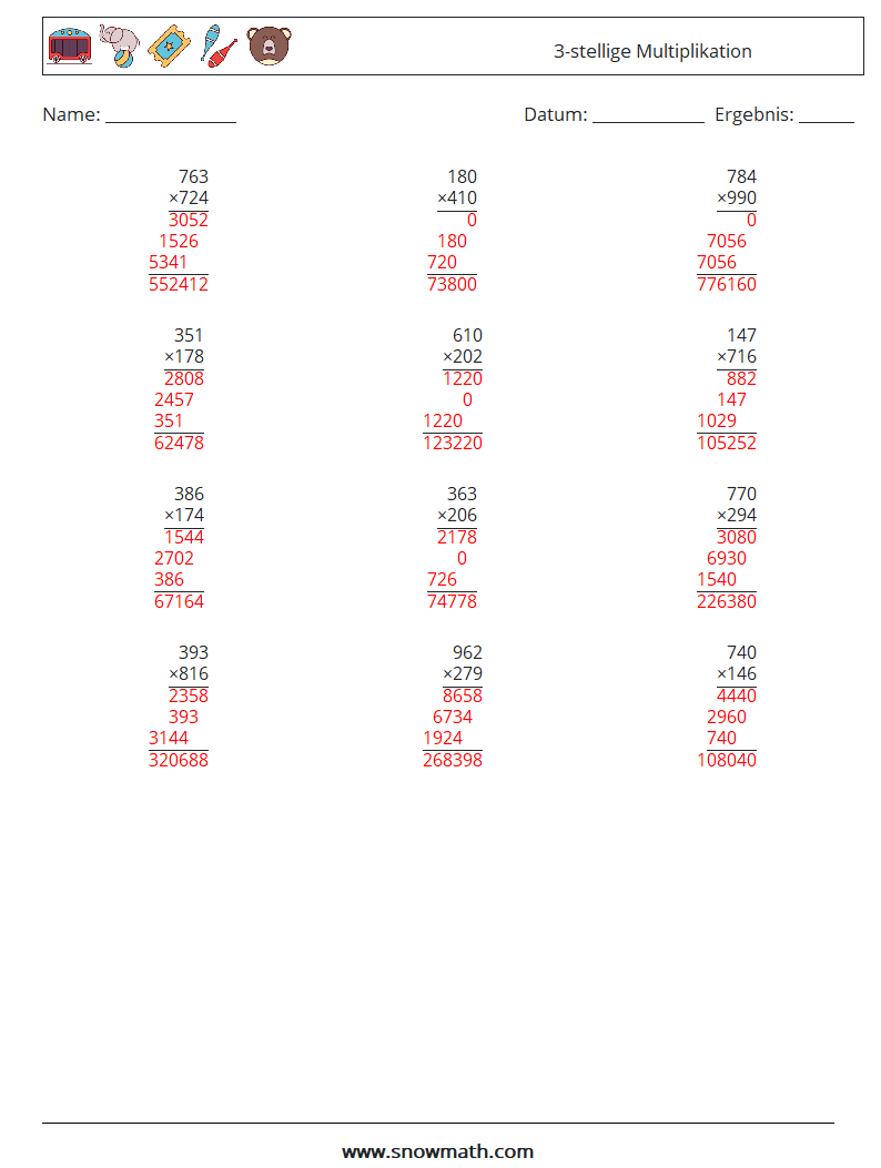 (12) 3-stellige Multiplikation Mathe-Arbeitsblätter 4 Frage, Antwort