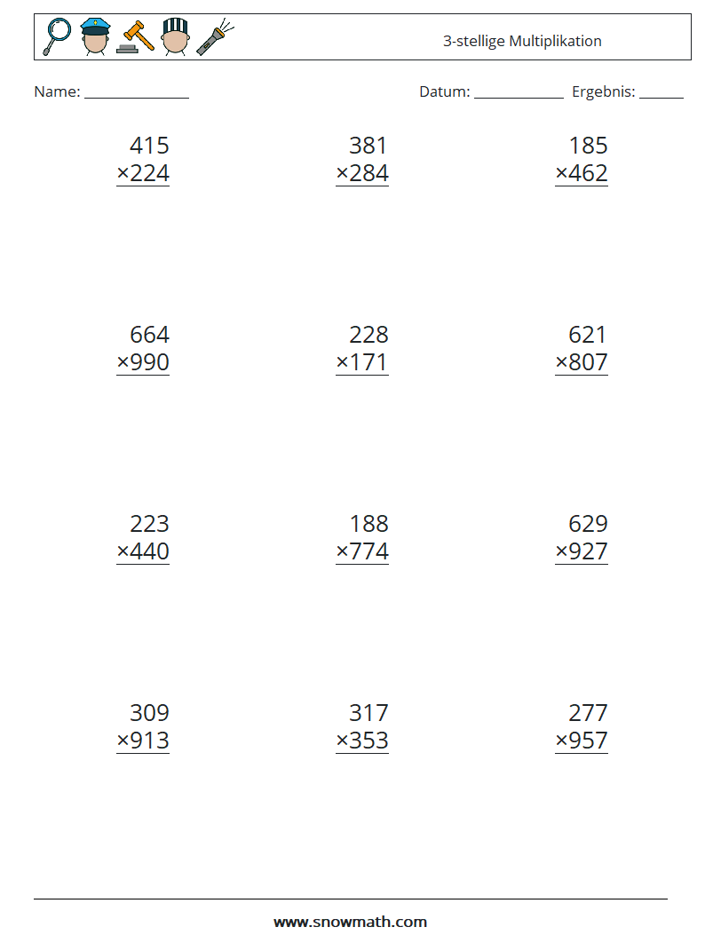 (12) 3-stellige Multiplikation Mathe-Arbeitsblätter 5