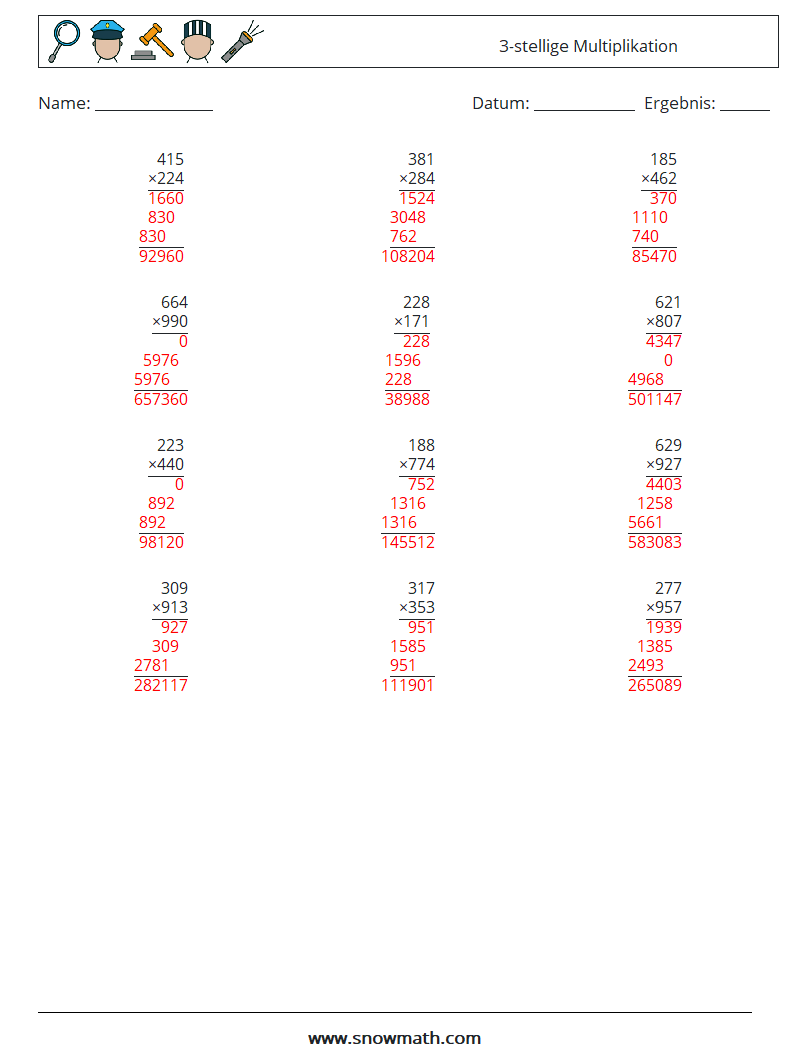 (12) 3-stellige Multiplikation Mathe-Arbeitsblätter 5 Frage, Antwort