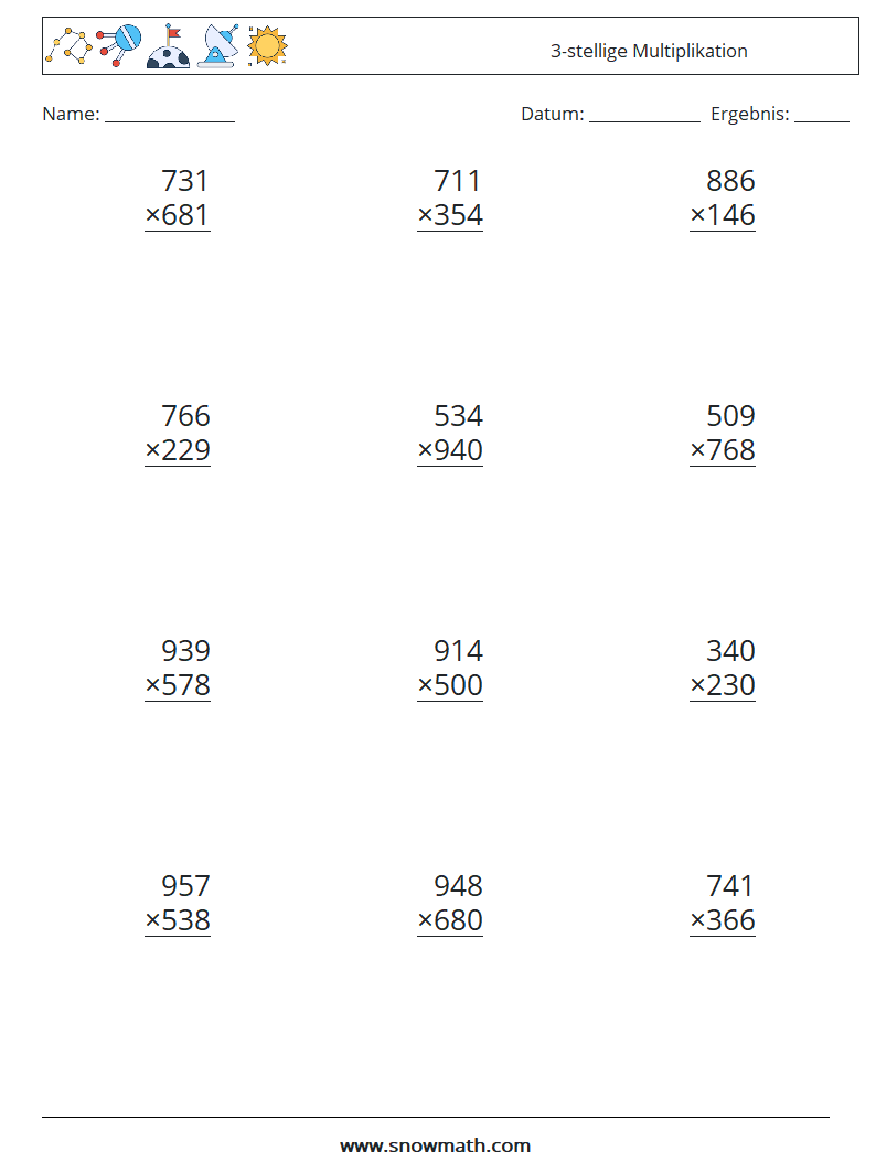(12) 3-stellige Multiplikation Mathe-Arbeitsblätter 6