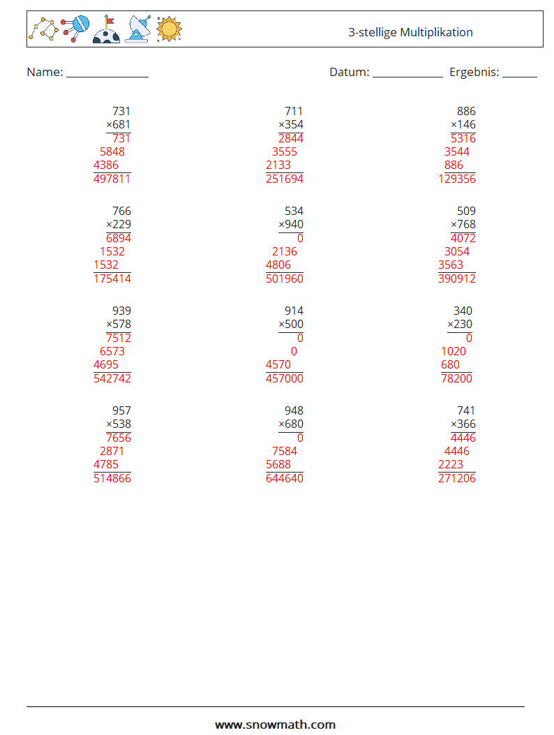 (12) 3-stellige Multiplikation Mathe-Arbeitsblätter 6 Frage, Antwort