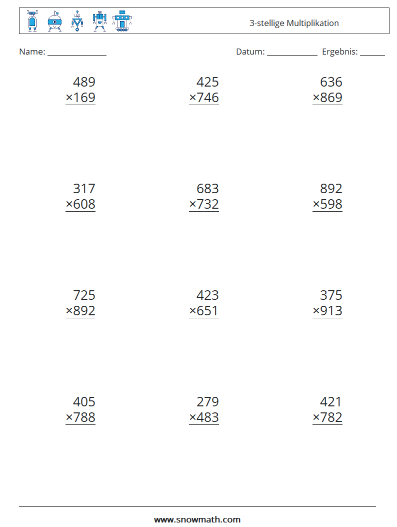 (12) 3-stellige Multiplikation Mathe-Arbeitsblätter 7