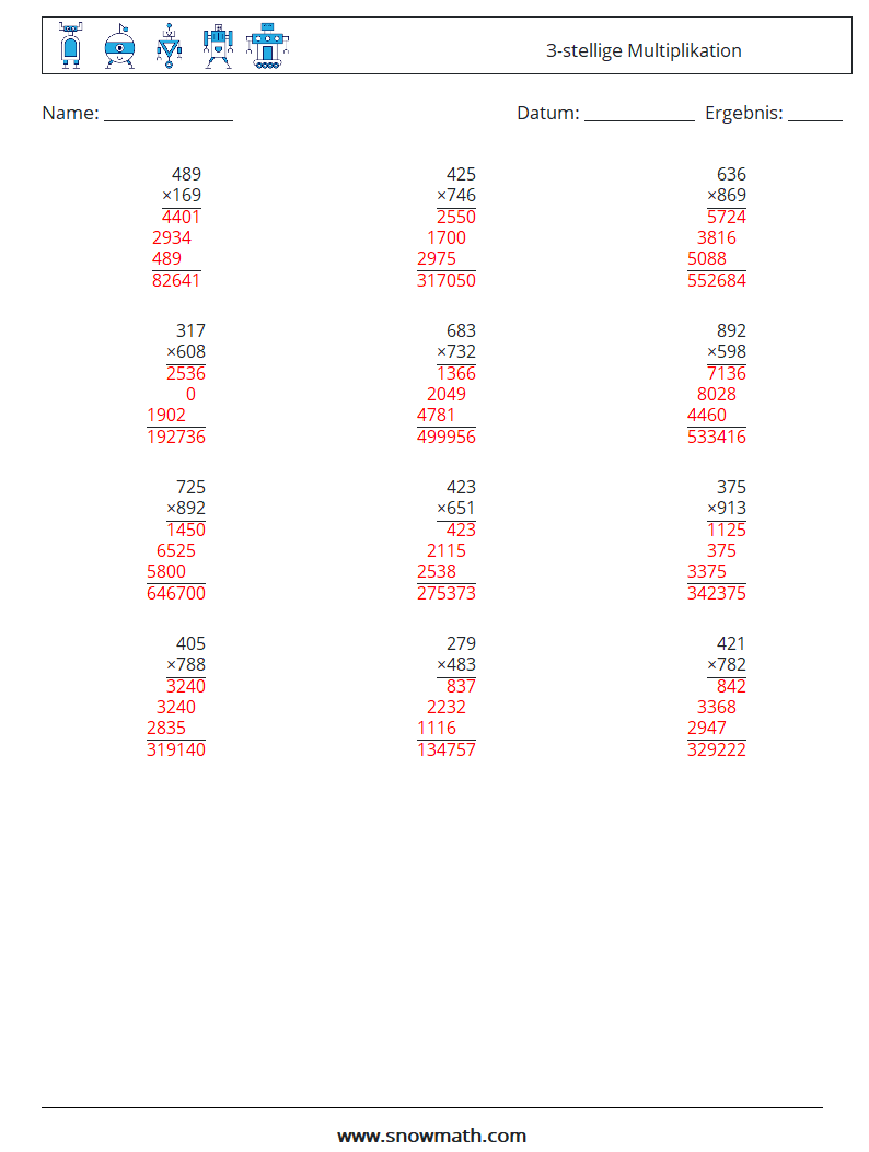 (12) 3-stellige Multiplikation Mathe-Arbeitsblätter 7 Frage, Antwort
