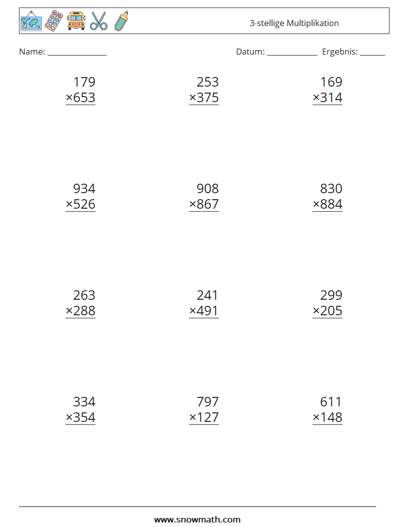 (12) 3-stellige Multiplikation Mathe-Arbeitsblätter 9