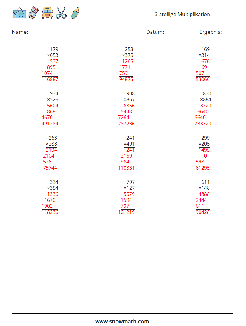 (12) 3-stellige Multiplikation Mathe-Arbeitsblätter 9 Frage, Antwort