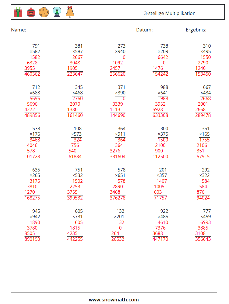 (25) 3-stellige Multiplikation Mathe-Arbeitsblätter 11 Frage, Antwort