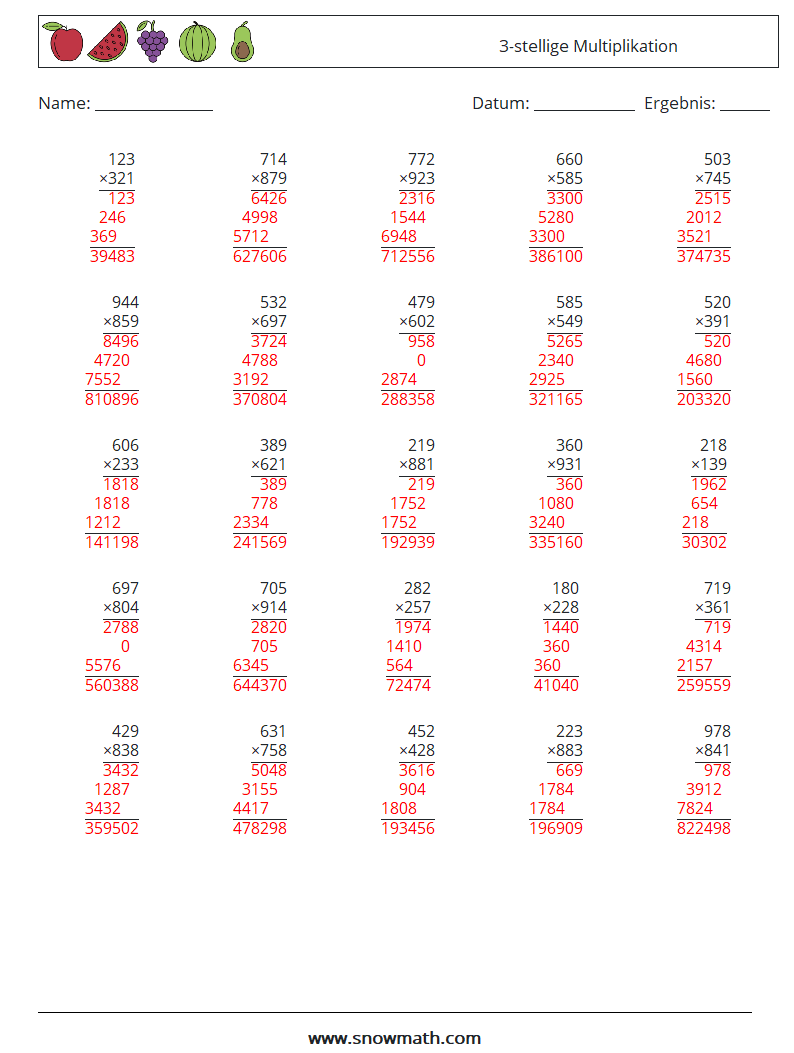 (25) 3-stellige Multiplikation Mathe-Arbeitsblätter 18 Frage, Antwort