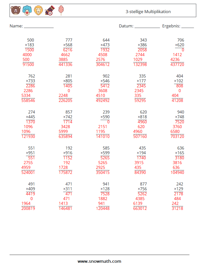 (25) 3-stellige Multiplikation Mathe-Arbeitsblätter 2 Frage, Antwort