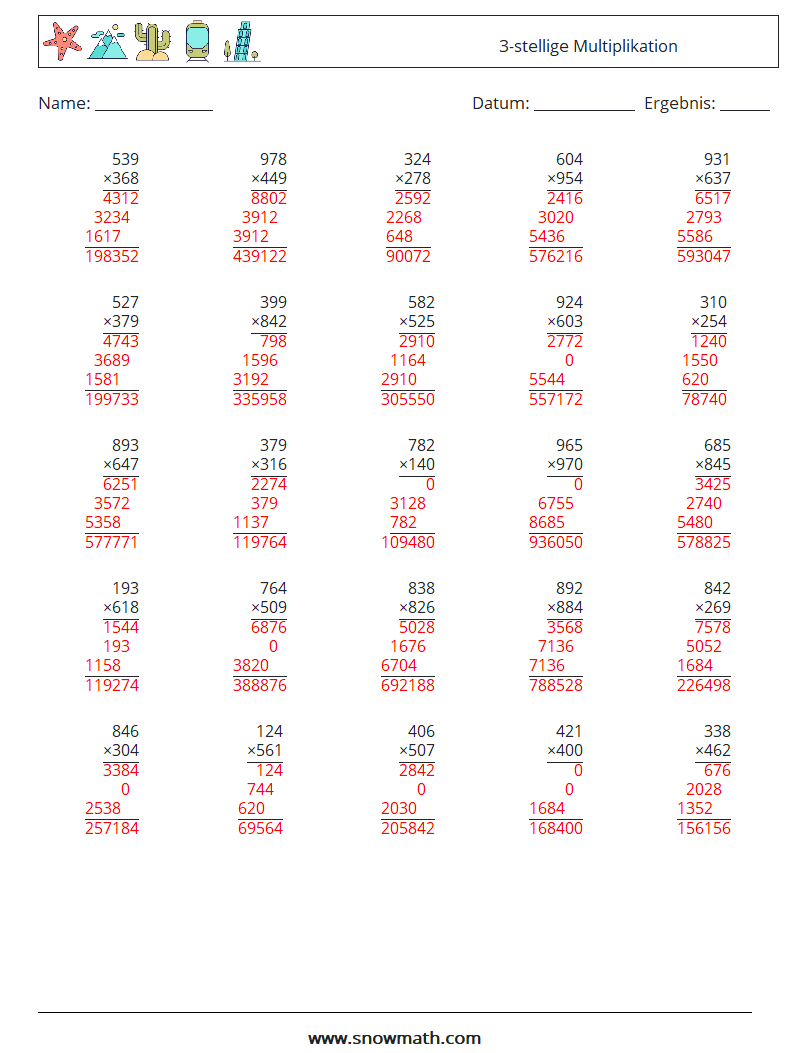 (25) 3-stellige Multiplikation Mathe-Arbeitsblätter 4 Frage, Antwort