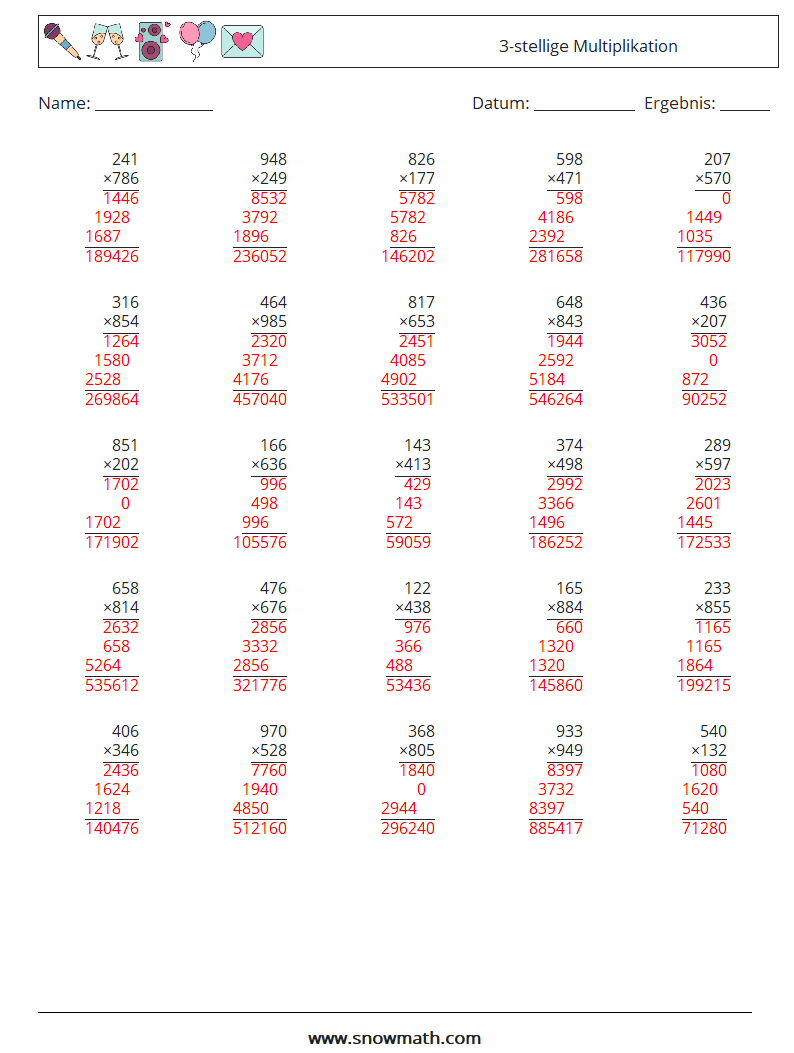 (25) 3-stellige Multiplikation Mathe-Arbeitsblätter 5 Frage, Antwort