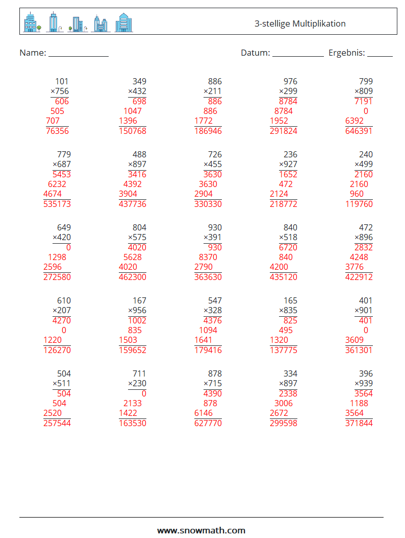 (25) 3-stellige Multiplikation Mathe-Arbeitsblätter 6 Frage, Antwort