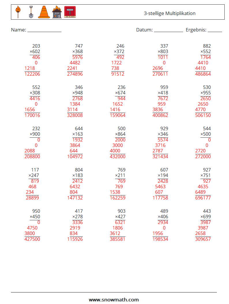 (25) 3-stellige Multiplikation Mathe-Arbeitsblätter 7 Frage, Antwort