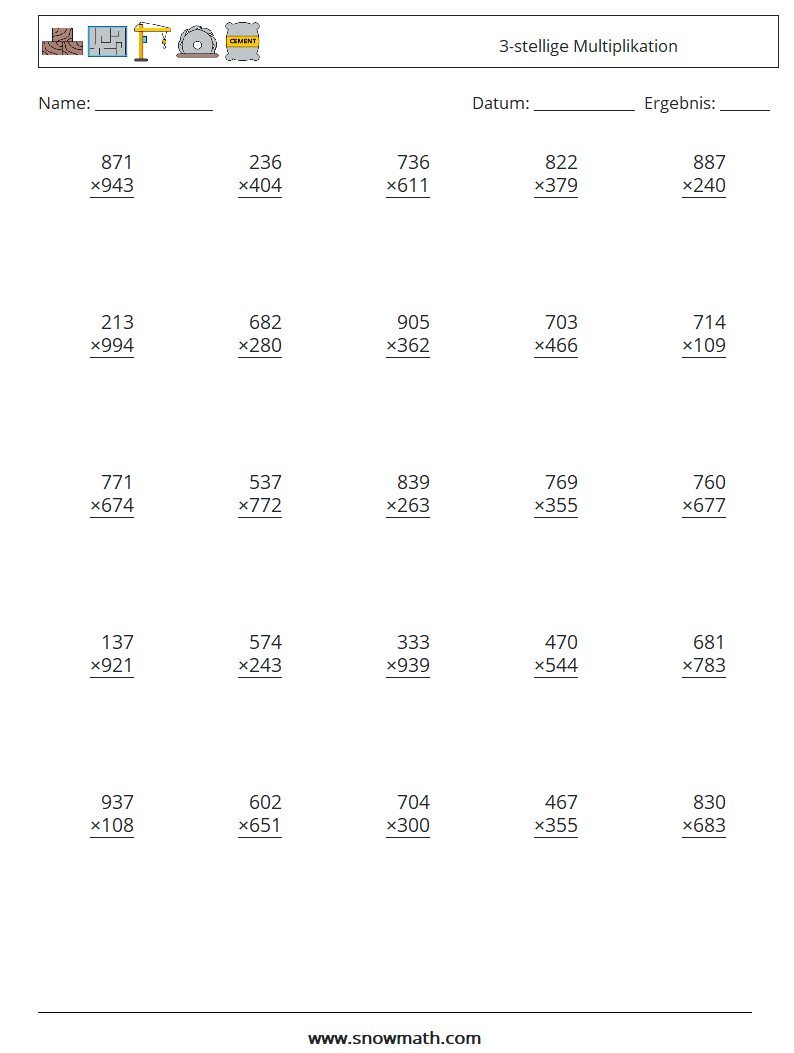 (25) 3-stellige Multiplikation Mathe-Arbeitsblätter 9