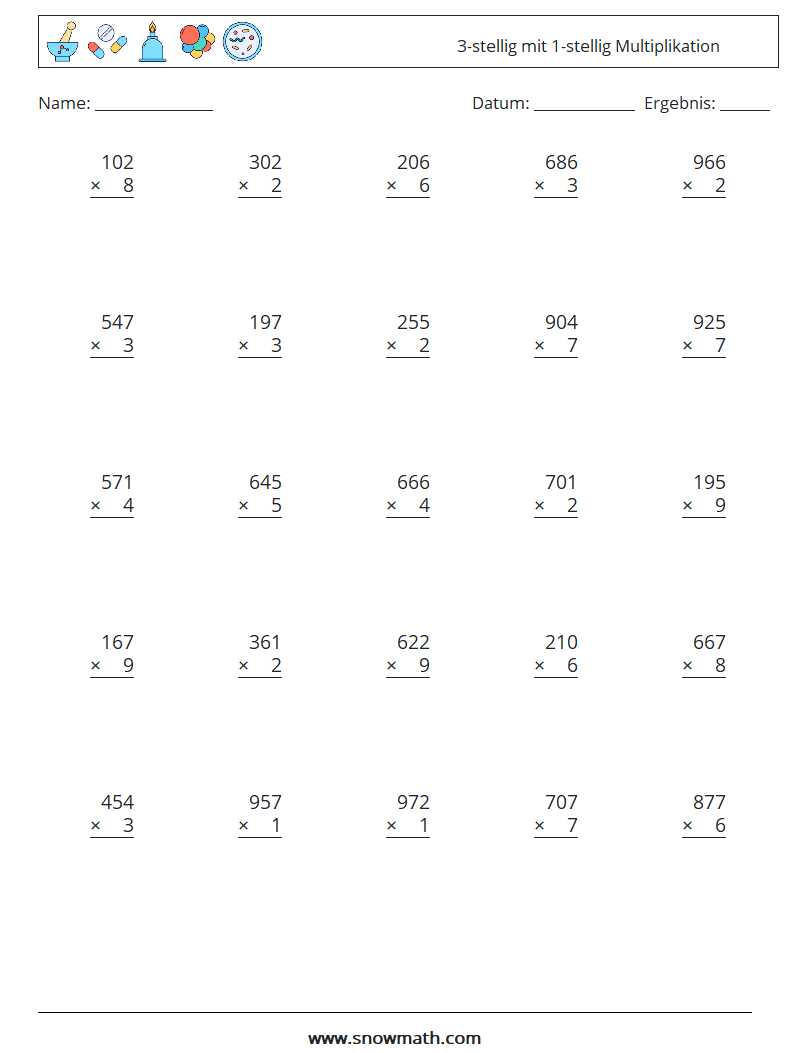 (25) 3-stellig mit 1-stellig Multiplikation Mathe-Arbeitsblätter 11