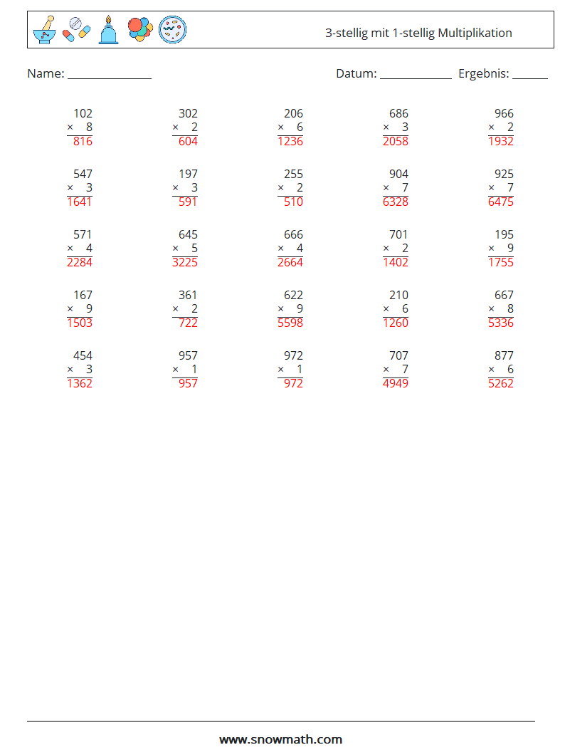 (25) 3-stellig mit 1-stellig Multiplikation Mathe-Arbeitsblätter 11 Frage, Antwort
