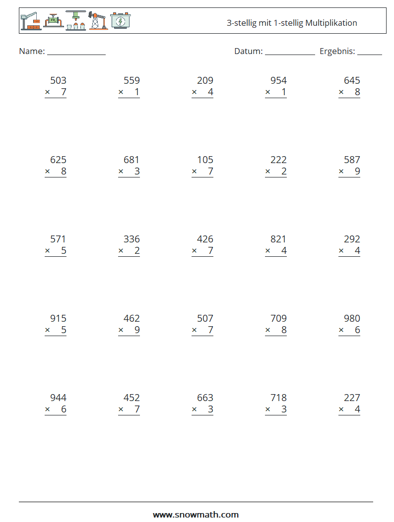 (25) 3-stellig mit 1-stellig Multiplikation Mathe-Arbeitsblätter 12