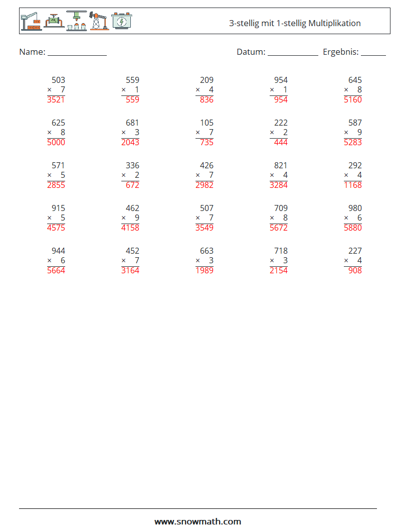 (25) 3-stellig mit 1-stellig Multiplikation Mathe-Arbeitsblätter 12 Frage, Antwort