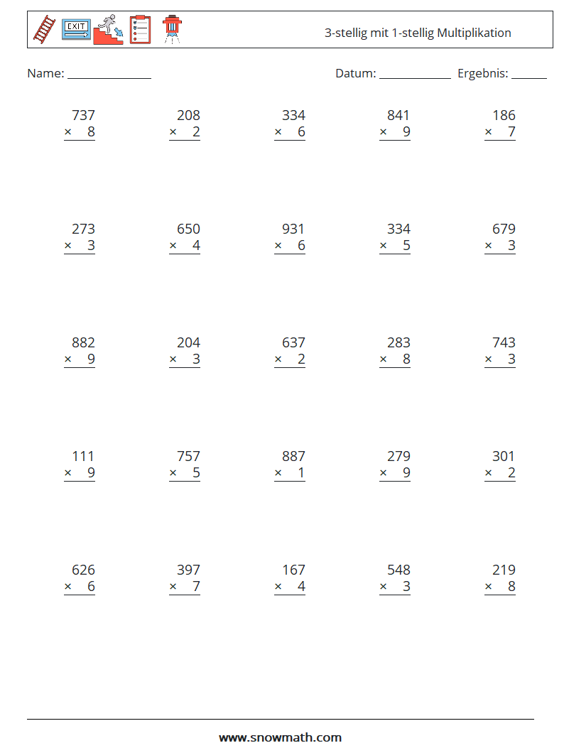 (25) 3-stellig mit 1-stellig Multiplikation Mathe-Arbeitsblätter 13