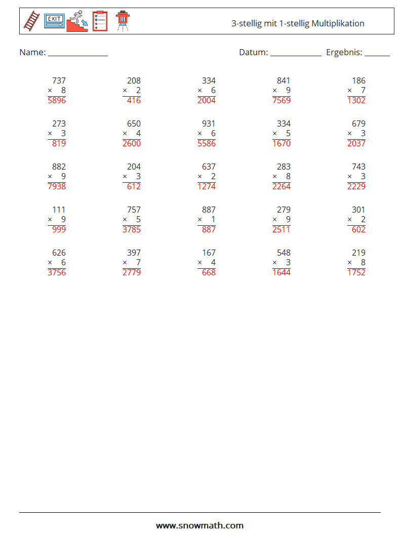 (25) 3-stellig mit 1-stellig Multiplikation Mathe-Arbeitsblätter 13 Frage, Antwort
