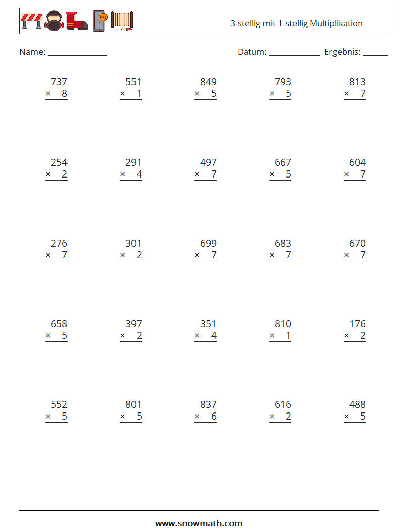 (25) 3-stellig mit 1-stellig Multiplikation Mathe-Arbeitsblätter 14