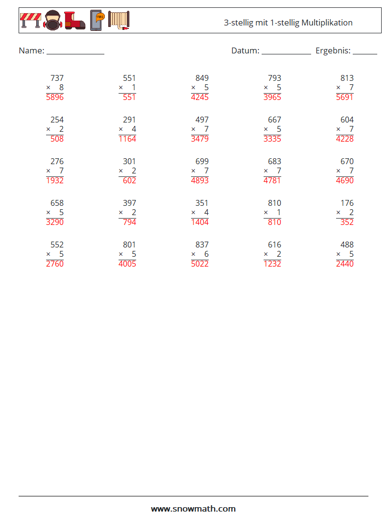 (25) 3-stellig mit 1-stellig Multiplikation Mathe-Arbeitsblätter 14 Frage, Antwort