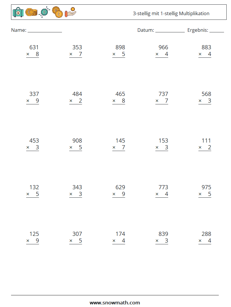 (25) 3-stellig mit 1-stellig Multiplikation Mathe-Arbeitsblätter 15