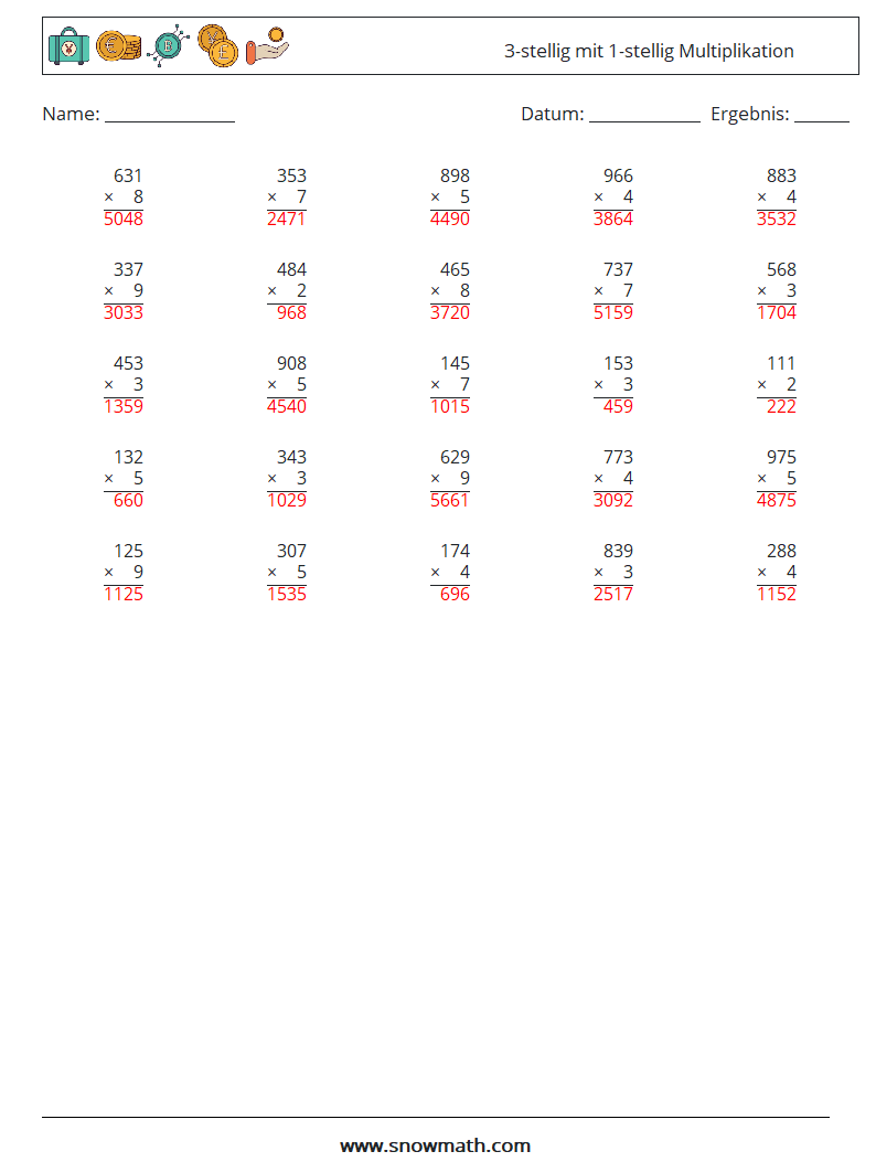 (25) 3-stellig mit 1-stellig Multiplikation Mathe-Arbeitsblätter 15 Frage, Antwort