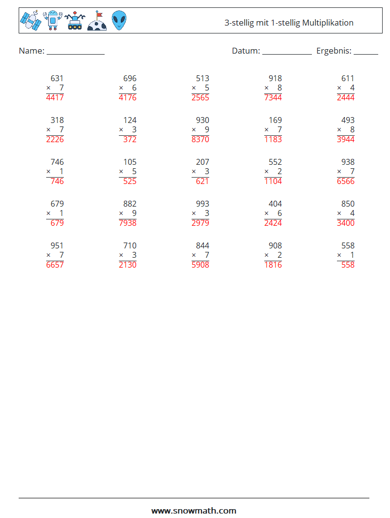 (25) 3-stellig mit 1-stellig Multiplikation Mathe-Arbeitsblätter 16 Frage, Antwort